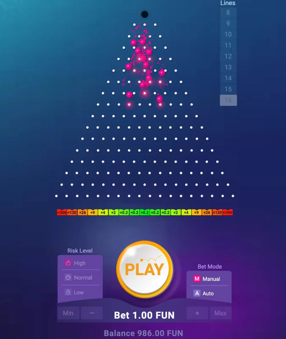 Plinko di BGaming nella demo ufficiale: piramide da 16 file con le palline rosa in caduta e le buche da 0,2x a 1.000x