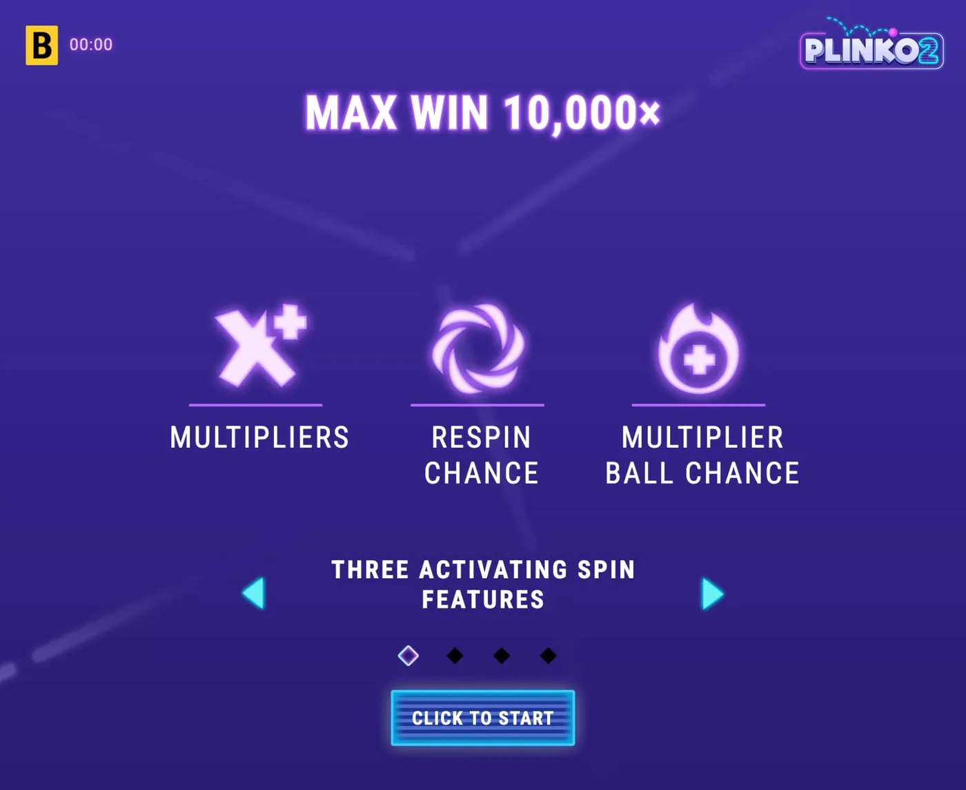 La schermata iniziale di Plinko 2 con la scritta Max win 10,000x e le tre funzioni: Multipliers, Respin chance, Multiplier ball chance