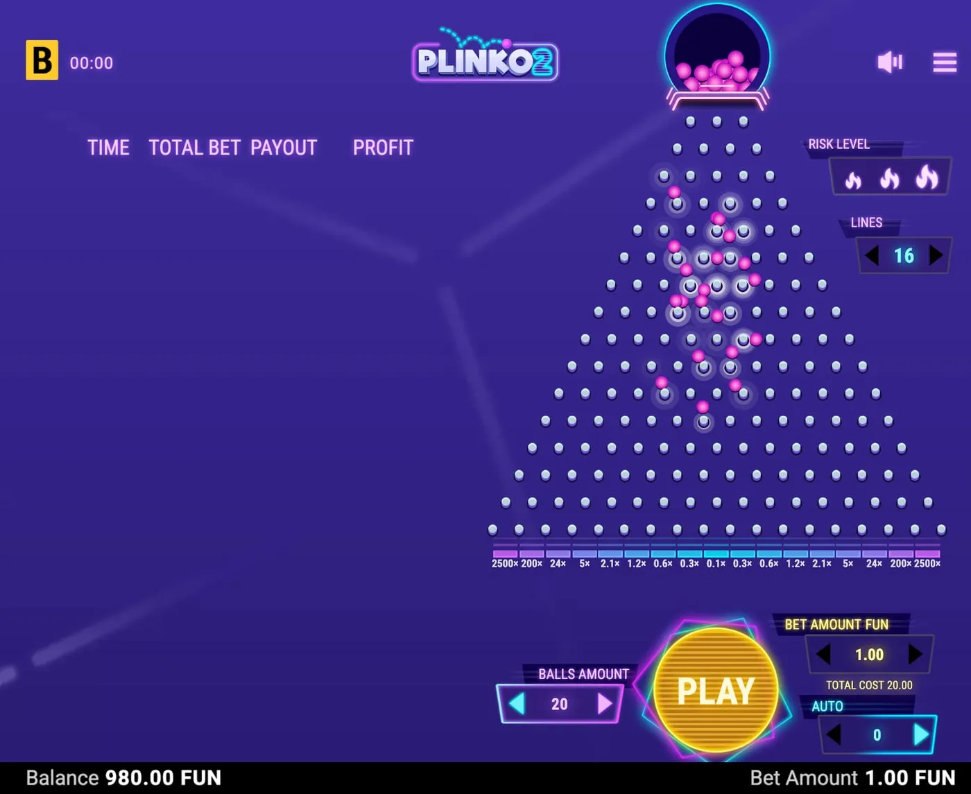 Plinko 2 di BGaming con 16 file, rischio alto e venti palline in caduta, bordi da 2.500x