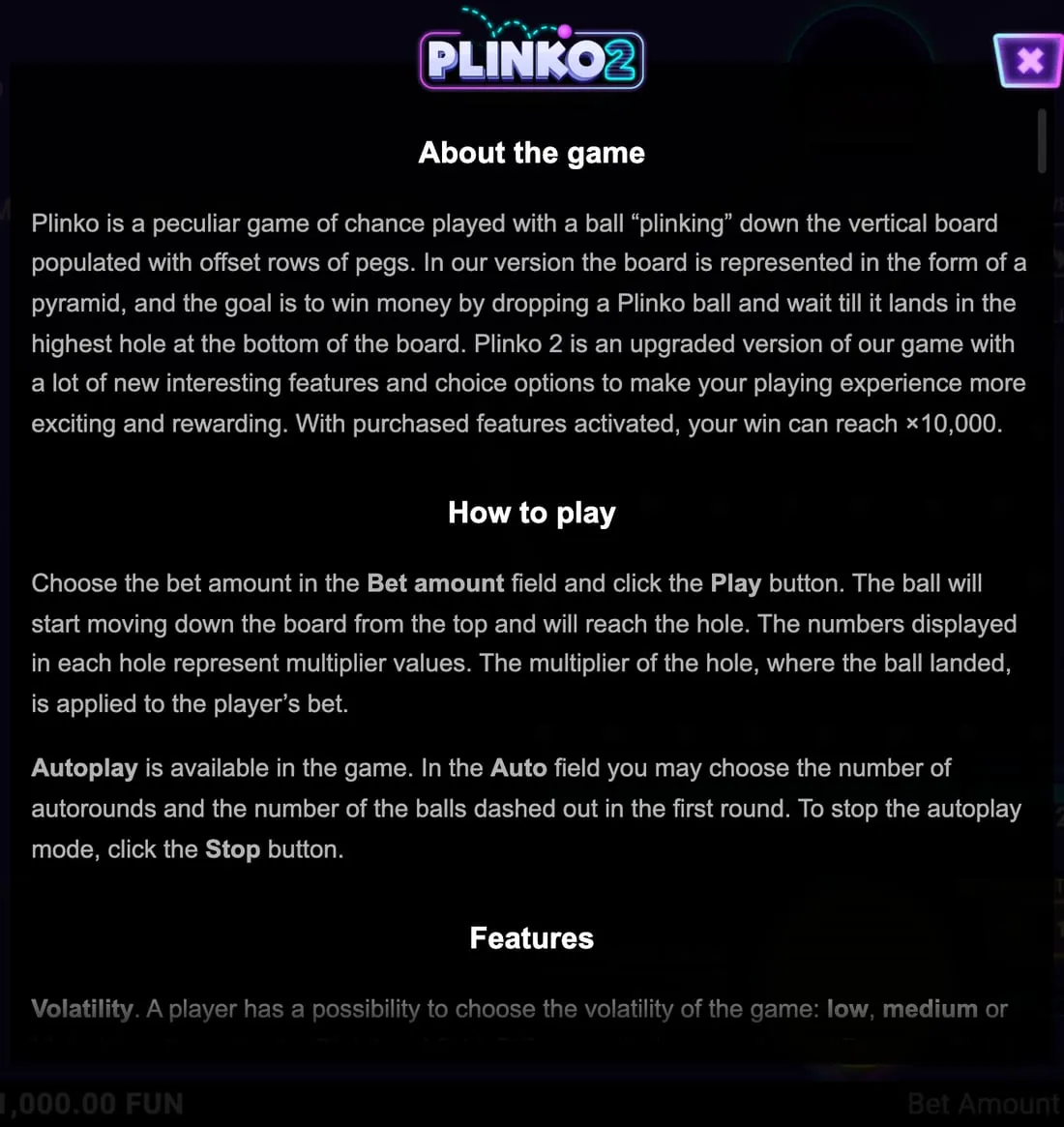 Le regole di Plinko 2 nella demo ufficiale: About the game e How to play