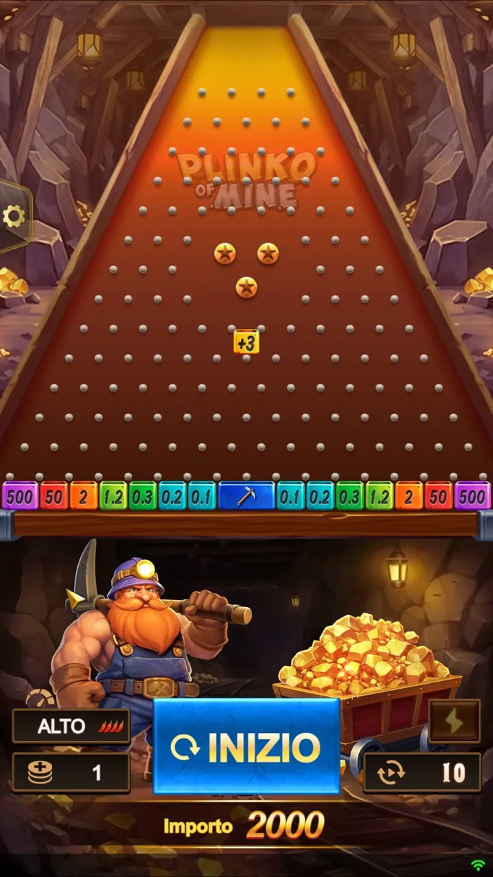 Plinko of Mine di TaDa Gaming con volatilità Alto: buche da 0,1x al centro e 500x ai bordi