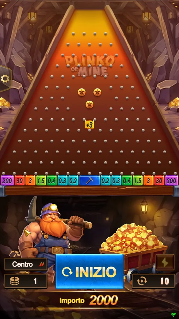 Plinko of Mine con volatilità Centro: buche da 0,2x a 200x e la Ricompensa Speciale al centro