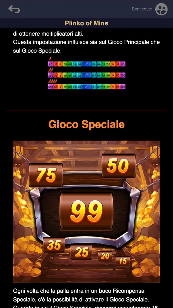 La spiegazione del Gioco Speciale di Plinko of Mine: ruota con 15, 20, 25, 35, 50, 75 o 99 palline d’oro