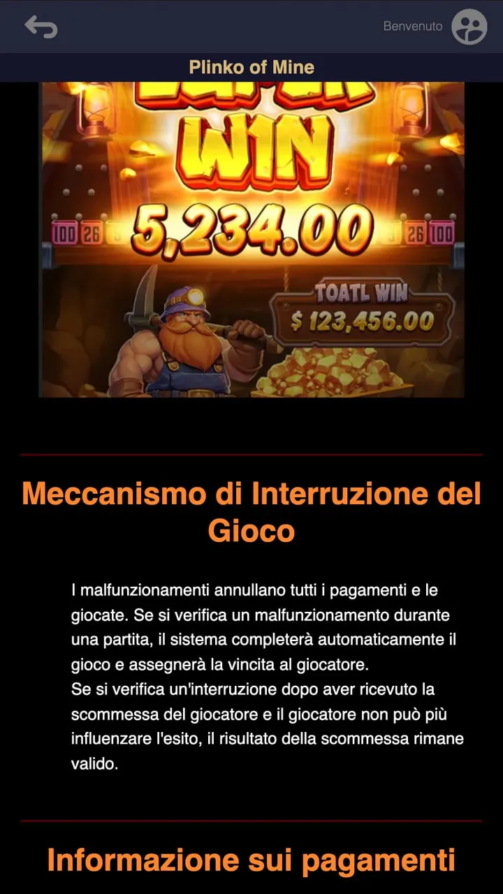 La sezione Informazione sui pagamenti delle istruzioni di Plinko of Mine: pagamento massimo 1.000.000, moltiplicatore massimo 10.000x, puntata da 1 a 100