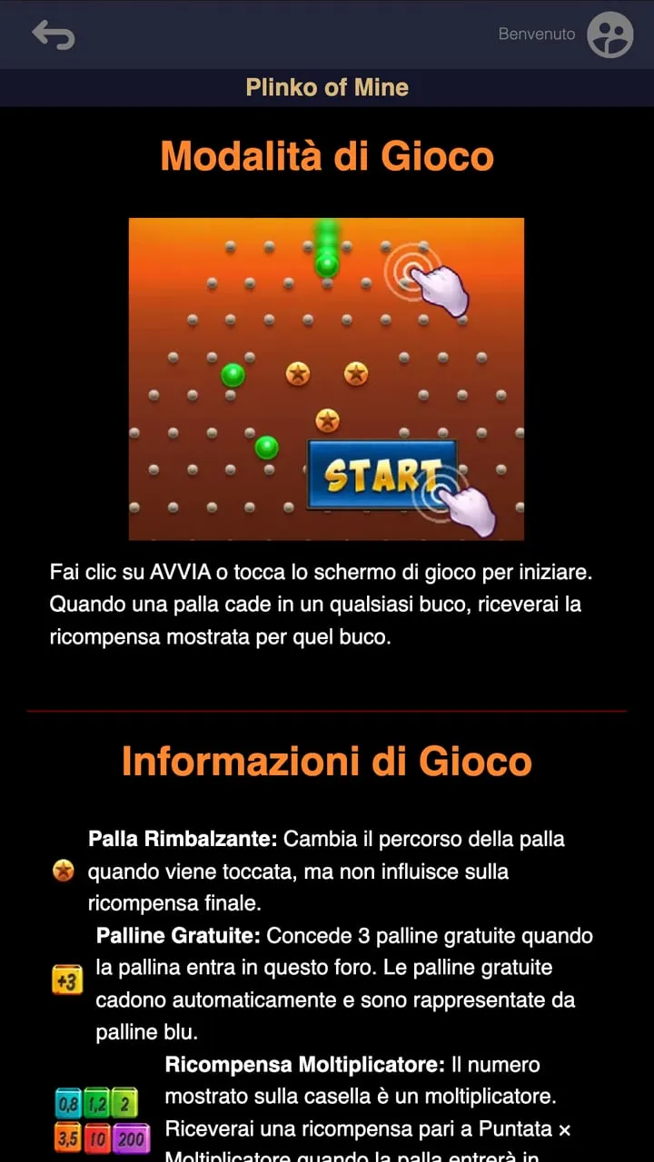 La pagina delle istruzioni di Plinko of Mine in italiano: Modalità di gioco e Informazioni di gioco con Palla Rimbalzante e Palline Gratuite