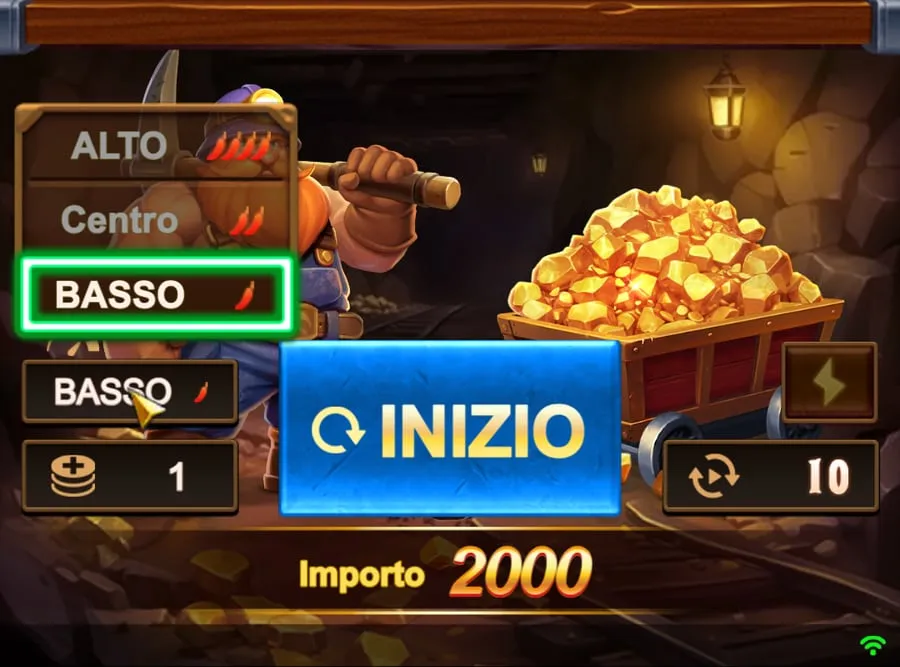 Il menu della volatilità di Plinko of Mine aperto con le voci Alto, Centro e Basso