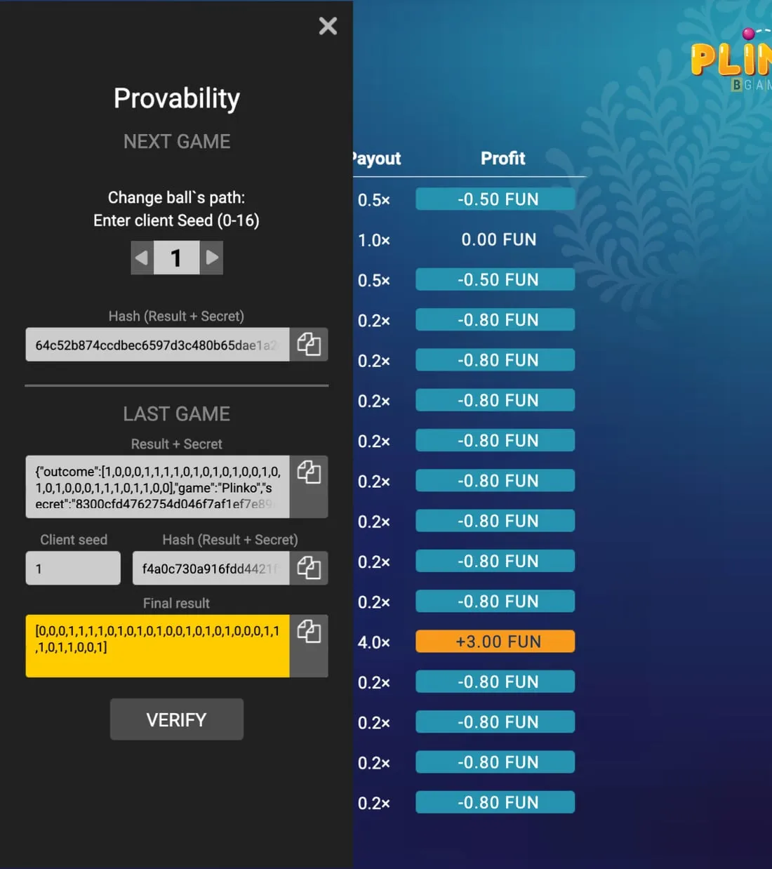 Il pannello Provability del Plinko di BGaming con hash della prossima partita, segreto dell’ultima, client seed e pulsante Verify
