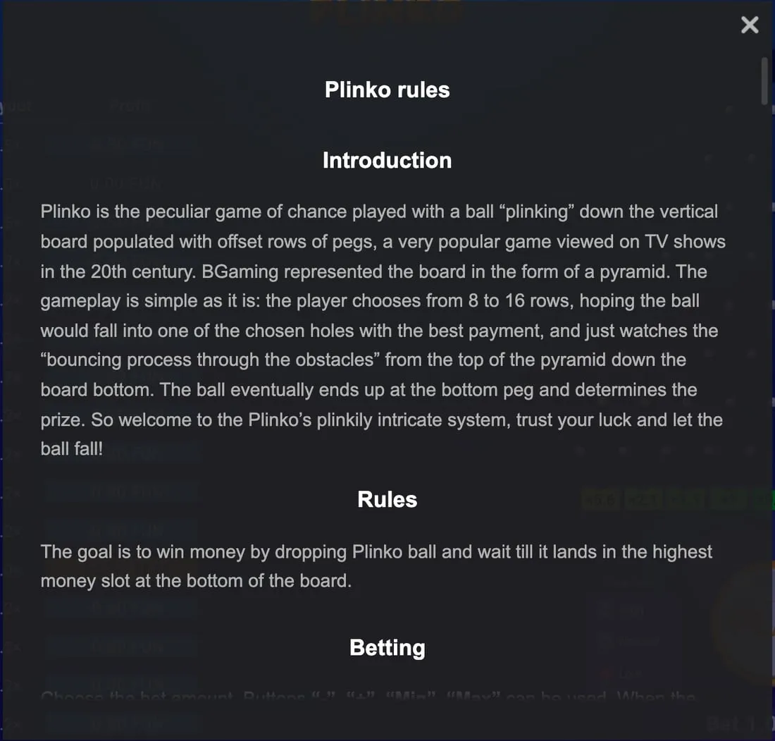 La finestra delle regole del Plinko di BGaming aperta con il punto interrogativo