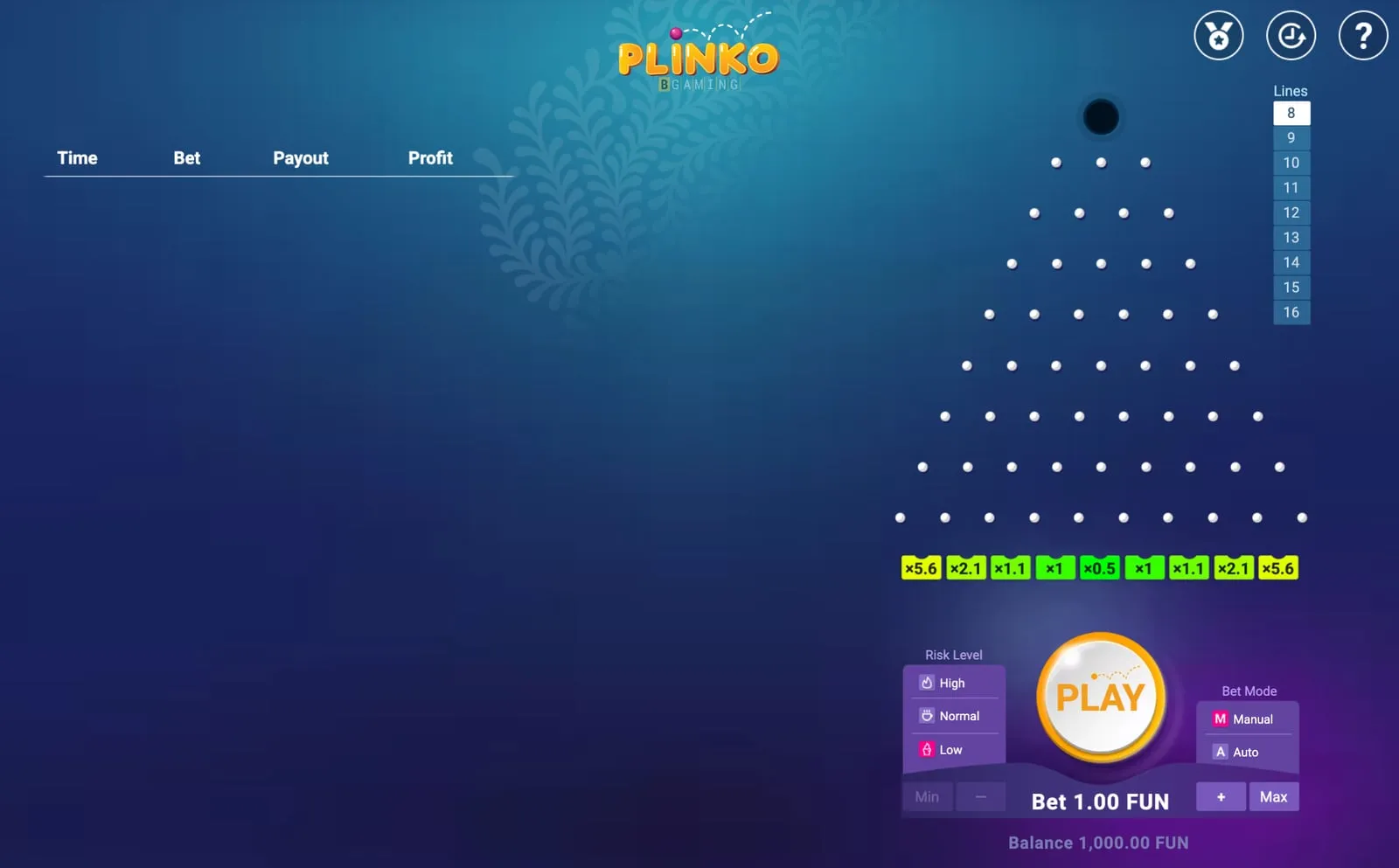 Plinko di BGaming nella demo ufficiale: piramide da 8 file, rischio Low, buche da 0,5x a 5,6x, pulsante Play e colonna Lines