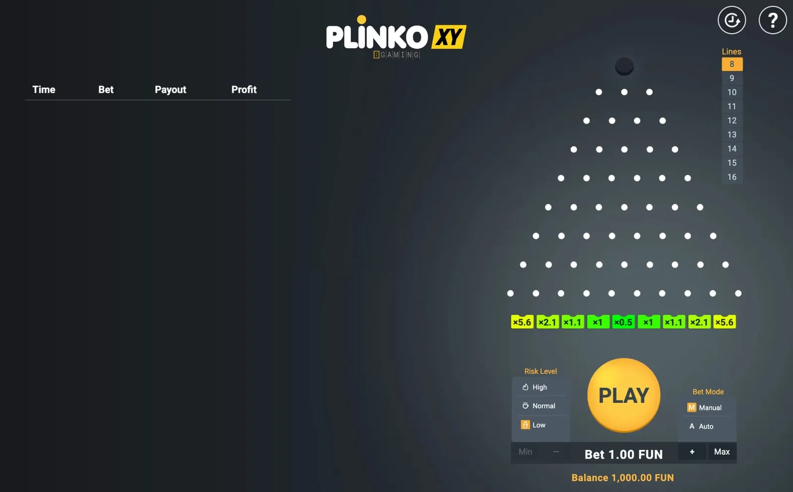 Plinko XY di BGaming nella demo ufficiale: piramide da 8 file su sfondo scuro, pulsante Play giallo
